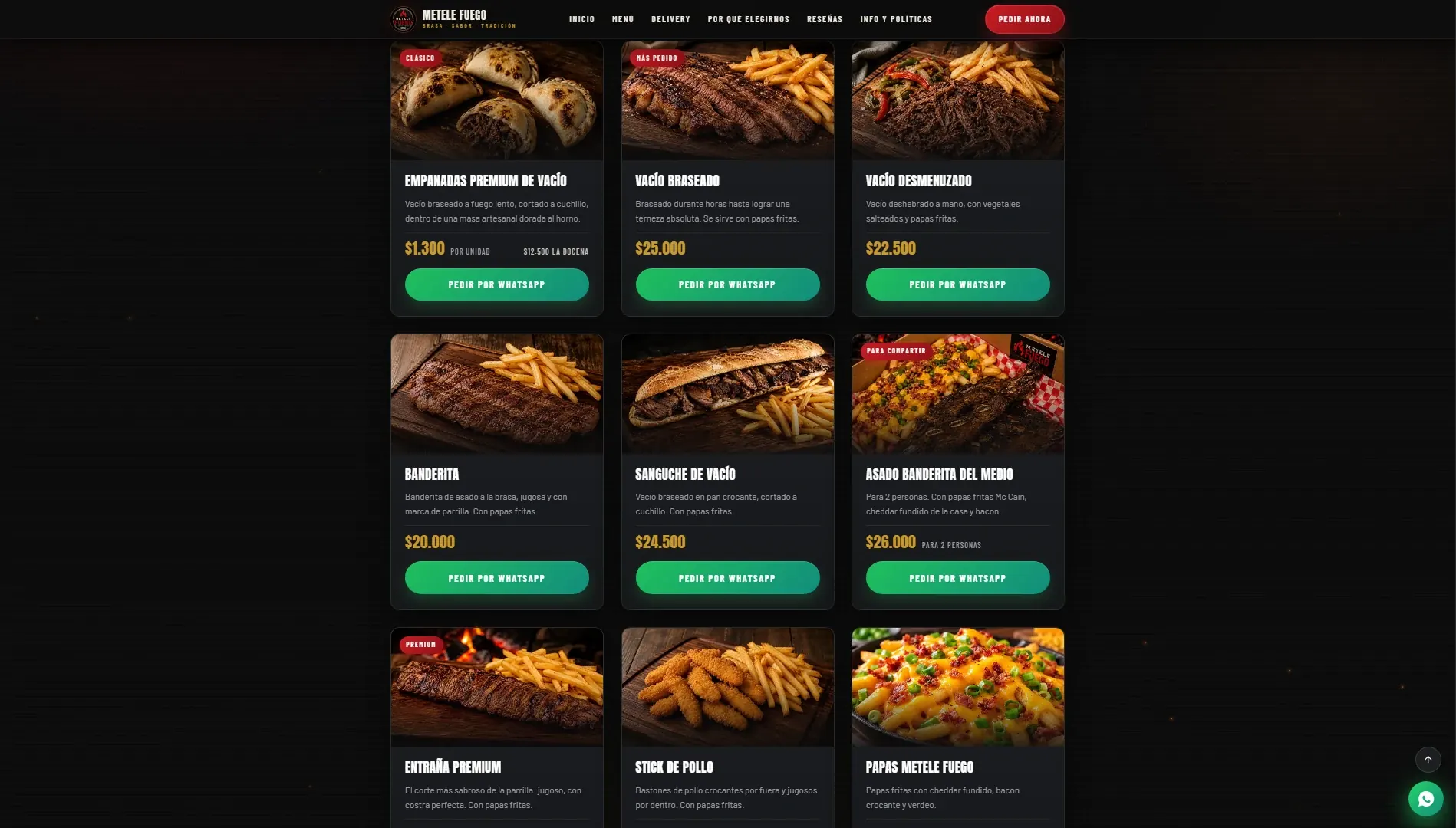 METELE FUEGO — carta con pedido por WhatsApp